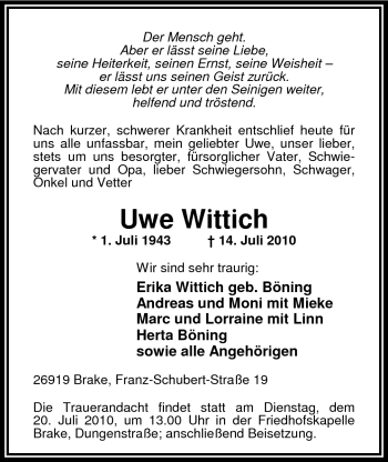 Traueranzeige von Uwe Wittich von Nordwest-Zeitung