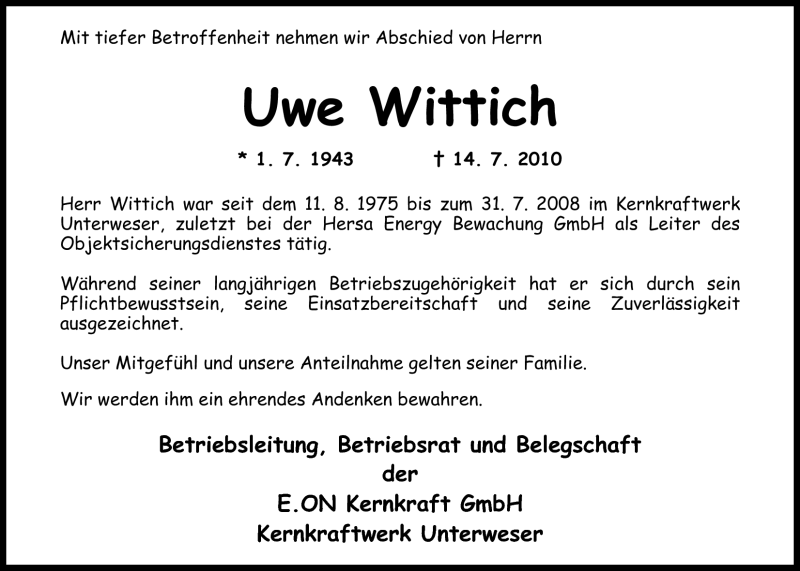  Traueranzeige für Uwe Wittich vom 17.07.2010 aus Nordwest-Zeitung