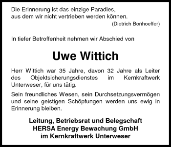 Traueranzeige von Uwe Wittich von Nordwest-Zeitung