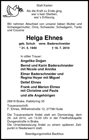 Traueranzeige von Helga Ehnes von Nordwest-Zeitung