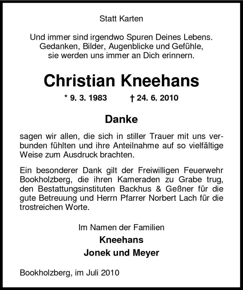  Traueranzeige für Christian Kneehans vom 24.07.2010 aus Nordwest-Zeitung