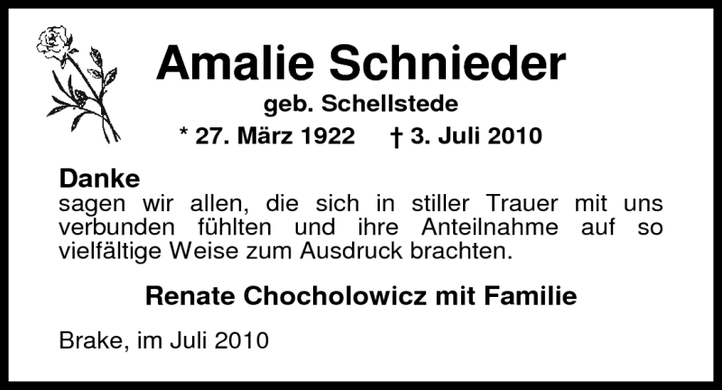  Traueranzeige für Amalie Schnieder vom 21.07.2010 aus Nordwest-Zeitung