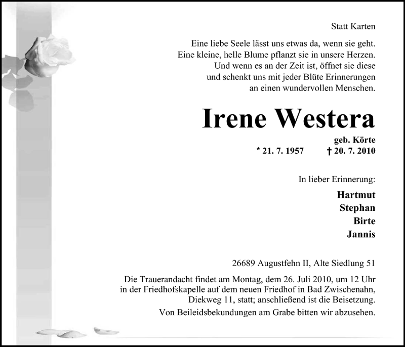  Traueranzeige für Irene Westera vom 22.07.2010 aus Nordwest-Zeitung
