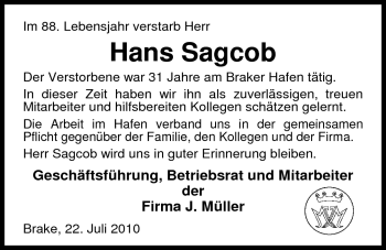 Traueranzeige von Hans Sagcob von Nordwest-Zeitung