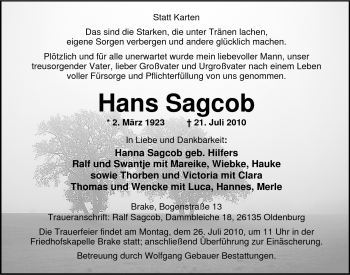 Traueranzeige von Hans Sagcob von Nordwest-Zeitung