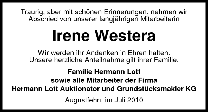  Traueranzeige für Irene Westera vom 23.07.2010 aus Nordwest-Zeitung