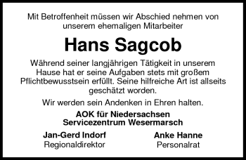 Traueranzeige von Hans Sagcob von Nordwest-Zeitung
