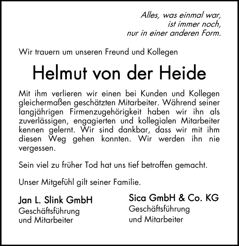  Traueranzeige für Helmut von der Heide vom 24.07.2010 aus Nordwest-Zeitung