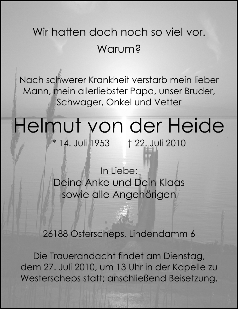  Traueranzeige für Helmut von der Heide vom 24.07.2010 aus Nordwest-Zeitung