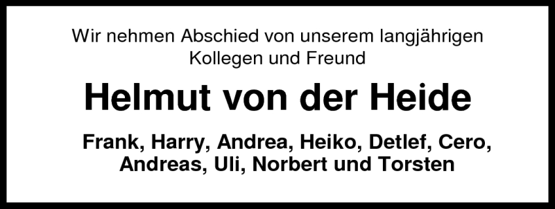  Traueranzeige für Helmut von der Heide vom 27.07.2010 aus Nordwest-Zeitung