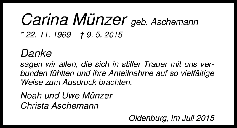  Traueranzeige für Carina Münzer vom 01.08.2015 aus Nordwest-Zeitung