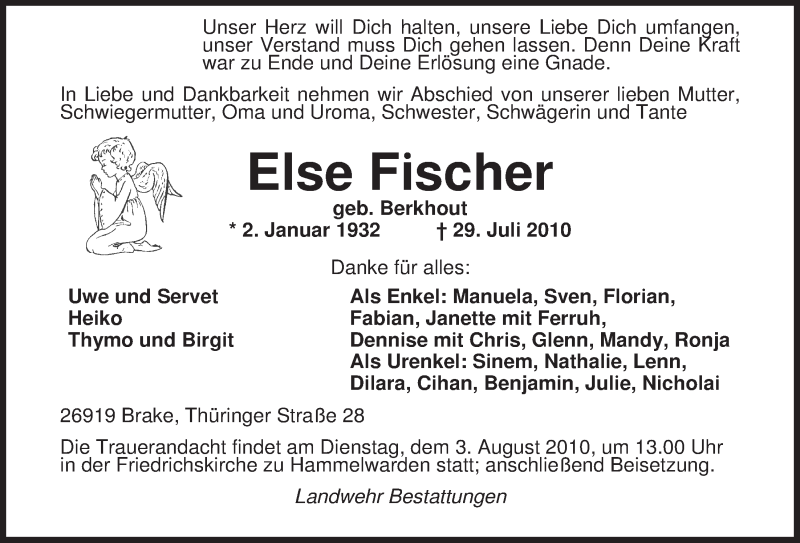  Traueranzeige für Else Fischer vom 31.07.2010 aus Nordwest Zeitung