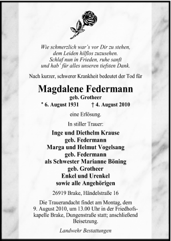 Traueranzeige von Magdalene Federmann von Nordwest-Zeitung