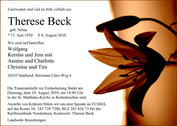 Traueranzeige von Therese Beck von Nordwest-Zeitung