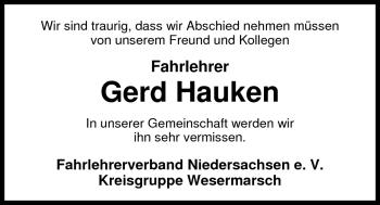 Traueranzeige von Gerd Hauken von Nordwest-Zeitung