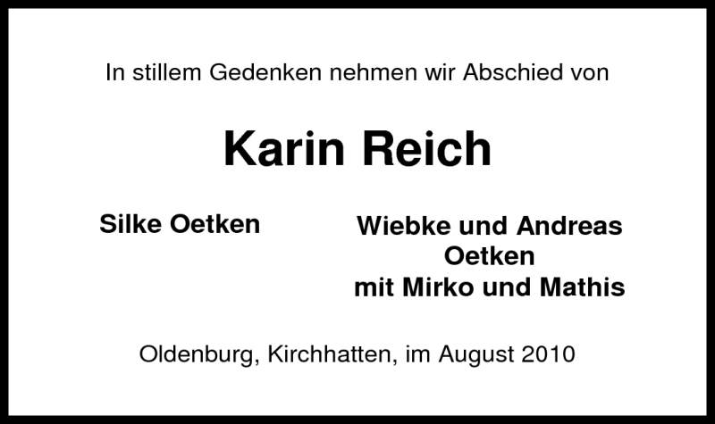  Traueranzeige für Karin Reich vom 10.08.2010 aus Nordwest-Zeitung
