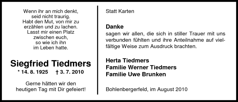  Traueranzeige für Siegfried Tiedmers vom 14.08.2010 aus Nordwest-Zeitung