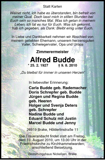 Traueranzeige von Alfred Budde von Nordwest-Zeitung