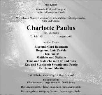 Traueranzeige von Charlotte Paulus von Nordwest-Zeitung