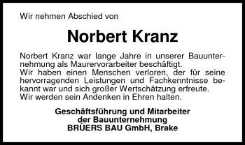 Traueranzeige von Norbert Kranz von Nordwest-Zeitung