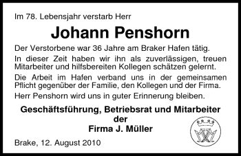Traueranzeige von Johann Penshorn von Nordwest-Zeitung