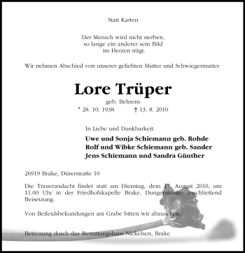 Traueranzeige von Lore Trüper von Nordwest-Zeitung