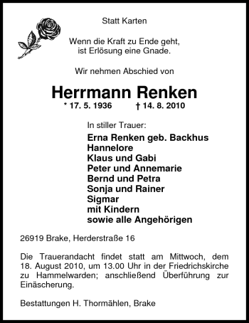 Traueranzeige von Herrmann Renken von Nordwest-Zeitung