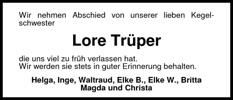  Traueranzeige für Lore Trüper vom 17.08.2010 aus Nordwest-Zeitung