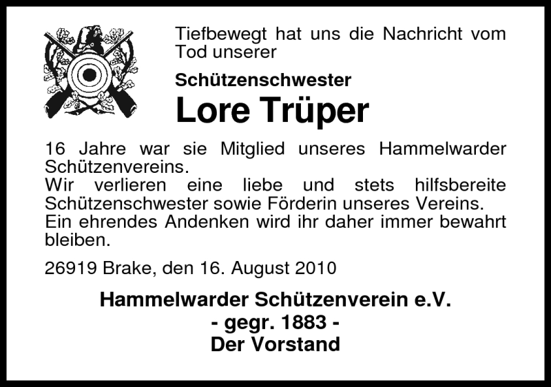 Traueranzeige für Lore Trüper vom 17.08.2010 aus Nordwest-Zeitung