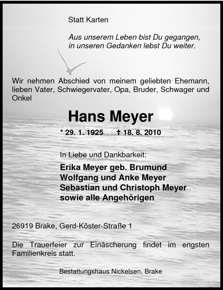  Traueranzeige für Hans Meyer vom 20.08.2010 aus Nordwest-Zeitung