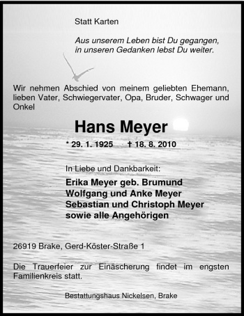 Traueranzeige von Hans Meyer von Nordwest-Zeitung