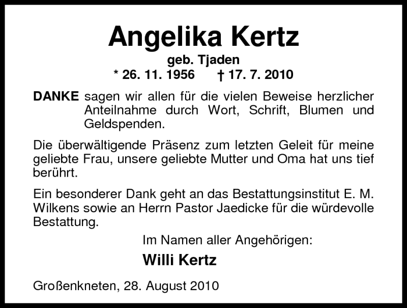  Traueranzeige für Angelika Kertz vom 28.08.2010 aus Nordwest-Zeitung