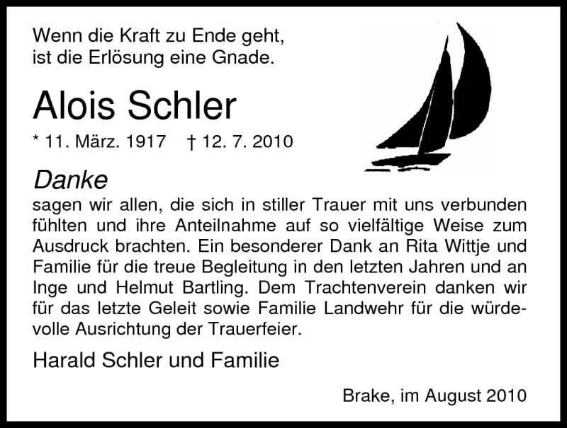  Traueranzeige für Alois Schler vom 25.08.2010 aus Nordwest-Zeitung
