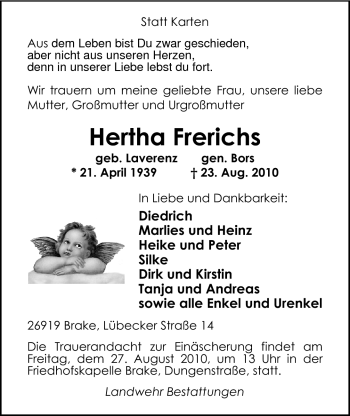 Traueranzeige von Hertha Frerichs von Nordwest-Zeitung