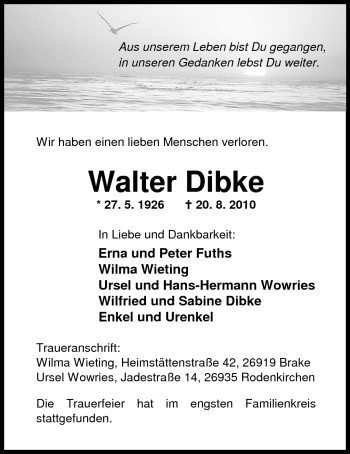 Traueranzeige von Walter Dibke von Nordwest-Zeitung