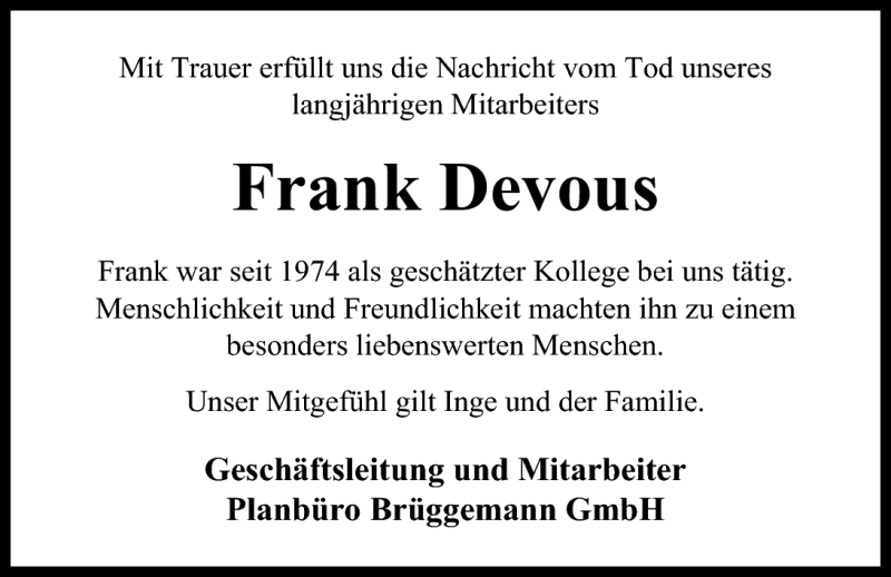  Traueranzeige für Frank Devous vom 27.08.2010 aus Nordwest-Zeitung