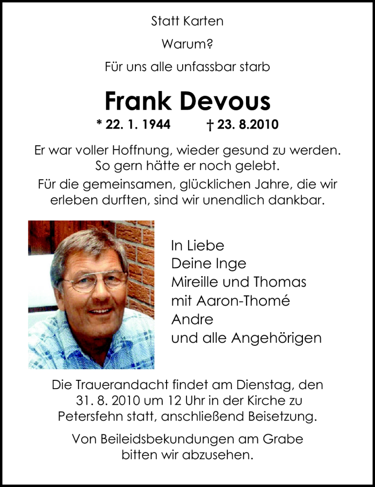  Traueranzeige für Frank Devous vom 27.08.2010 aus Nordwest-Zeitung