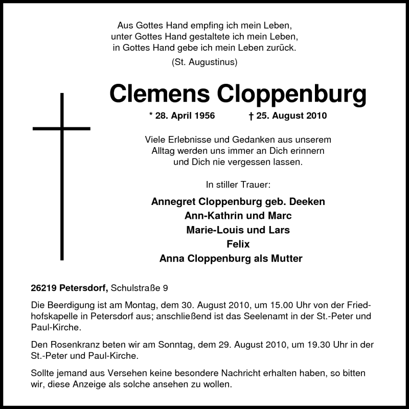 Traueranzeigen von Clemens Cloppenburg | nordwest-trauer.de