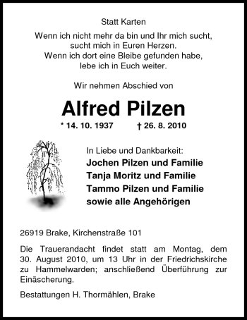 Traueranzeige von Alfred Pilzen von Nordwest-Zeitung