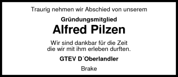 Traueranzeige von Alfred Pilzen von Nordwest-Zeitung