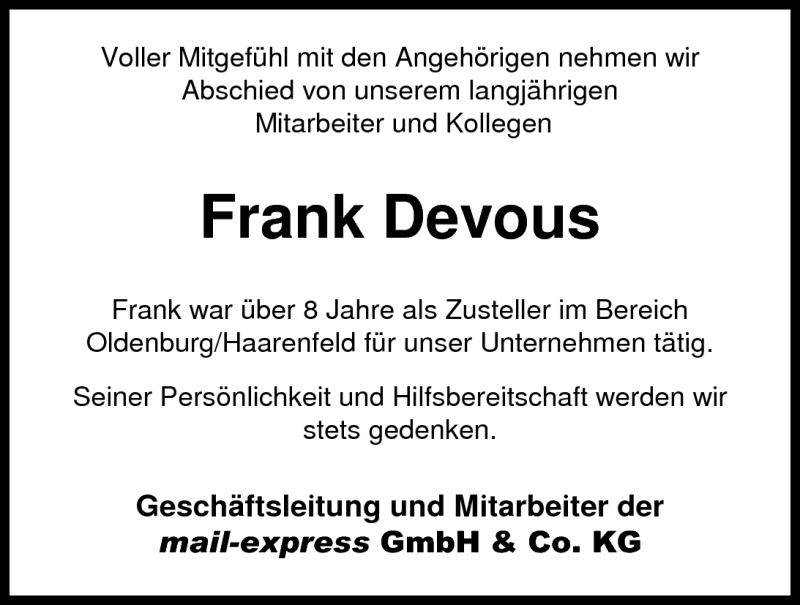  Traueranzeige für Frank Devous vom 28.08.2010 aus Nordwest-Zeitung