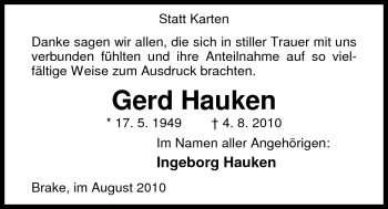 Traueranzeige von Gerd Hauken von Nordwest-Zeitung