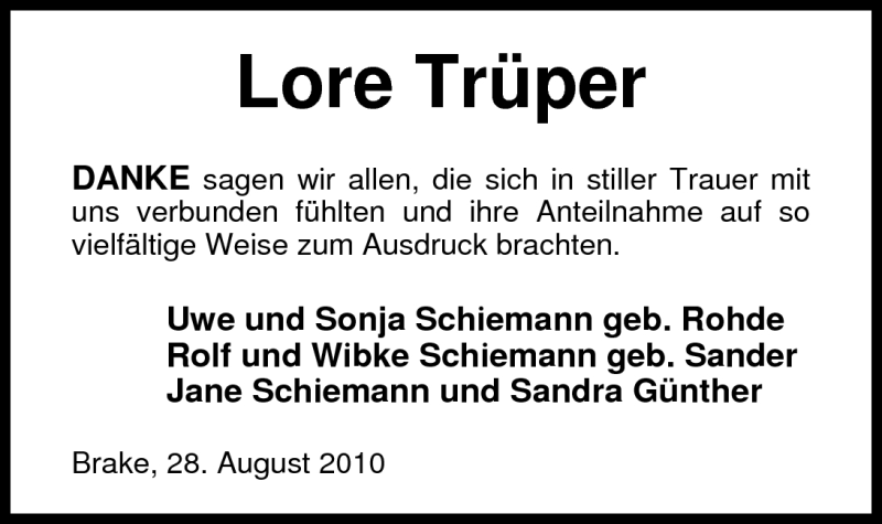  Traueranzeige für Lore Trüper vom 28.08.2010 aus Nordwest-Zeitung