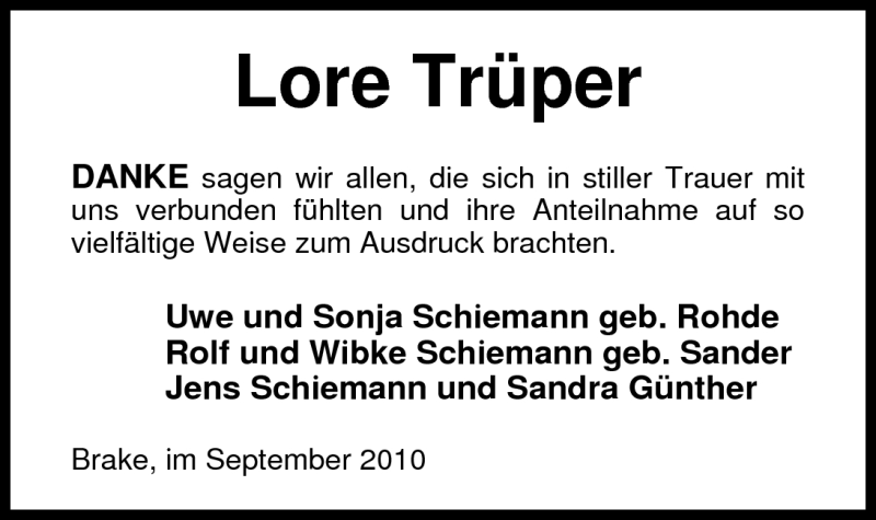  Traueranzeige für Lore Trüper vom 04.09.2010 aus Nordwest-Zeitung