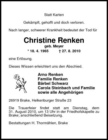 Traueranzeige von Christine Renken von Nordwest-Zeitung