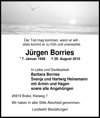 Traueranzeige von Jürgen Borries von Nordwest-Zeitung