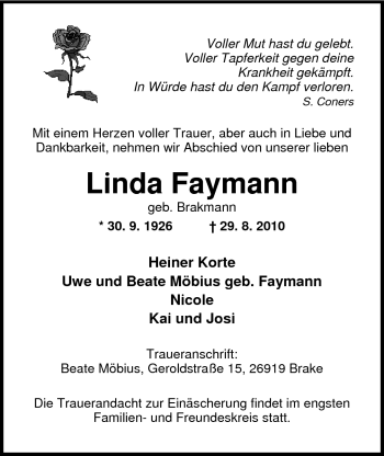 Traueranzeige von Linda Faymann von Nordwest-Zeitung
