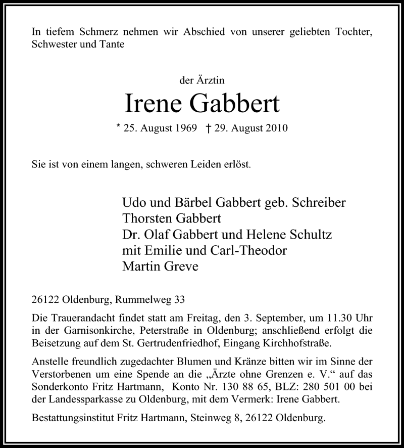  Traueranzeige für Irene Gabbert vom 01.09.2010 aus Nordwest-Zeitung