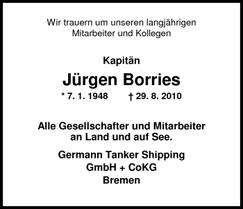 Traueranzeige von Jürgen Borries von Nordwest-Zeitung