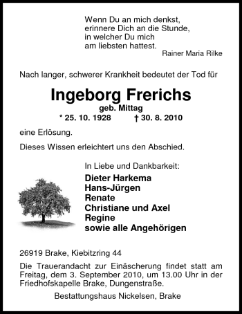 Traueranzeige von Ingeborg Frerichs von Nordwest-Zeitung